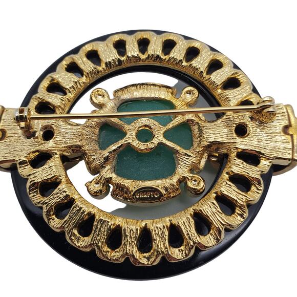 Gem Craft Green & Black Brooch Deco Carved Stone Pave Crystal Faux Jade Pin Vtg - Picture 7 of 8